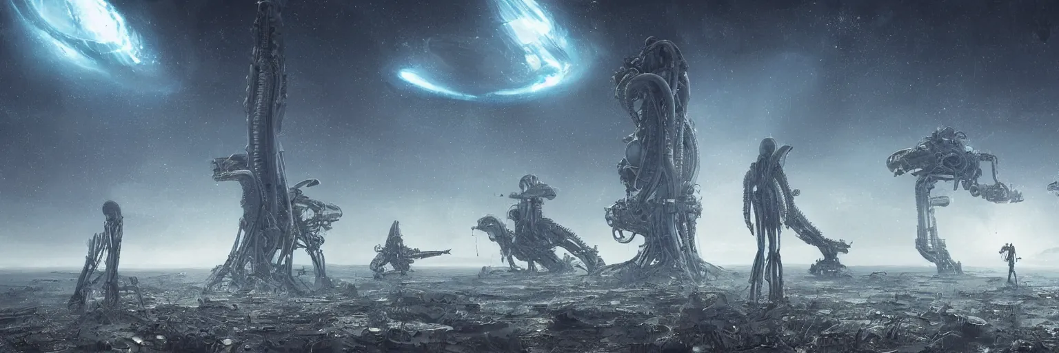 Image similar to a highly detailed digital realistic photo of aliens watching at the seventh planet from space, universe, invasion time on planet earth, digital art, cinematic, satellite imagery, 8 k, super - resolution, by h. r. giger, by ismail inceoglu, by karol bak, unreal engine, blue white colors,