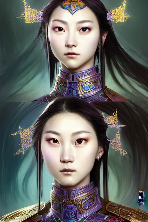 Image similar to beautiful and divine and holy and elite and colorlpunk three kingdom chinese female armor knight portrait like twice tzuyu+shinnyy eyes+front face with light flowing hair, ultradetail face, art and illustration by tian zi and craig mullins and WLOP and alphonse mucha, fantasy, intricate complexity, human structure, human anatomy, fantasy character concept, watermark, blurry, hyperrealism 8k