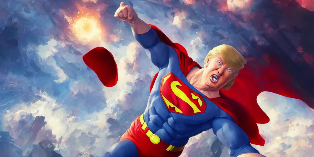 Image similar to donald trump as superman, studio portrait, detailed face, art by makoto shinkai, studio ghibli, greg rutkowski, wlop, artgerm, highly detailed, 4 k, digital art, high quality