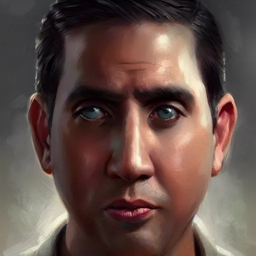 Image similar to hyper realistic, portrait of filipino michael scott painted by greg rutkowski, wlop, loish,