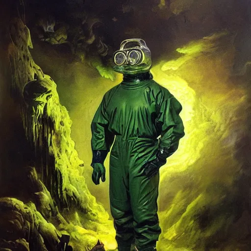 Prompt: ultra realistic portrait painting of a man in a hazmat suit surrounded by glowing green radiation and bats, art by frank frazetta, vintage levi ’ s ad, stormy weather, dark vibes, 4 k, ultra realistic, highly detailed, epic lighting