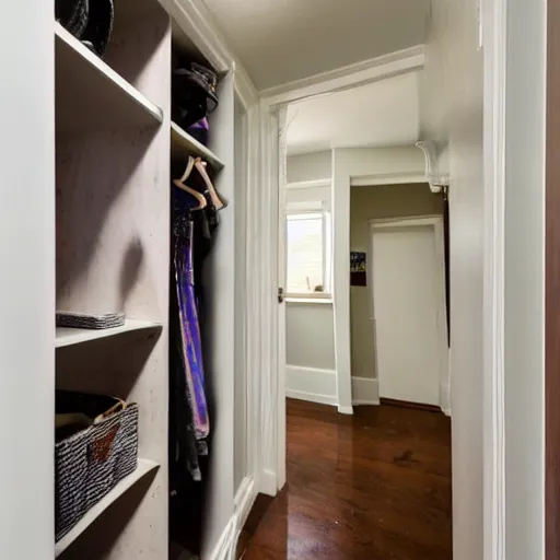 Prompt: a real estate home interior photo. a closet with a portal to another reality in it.