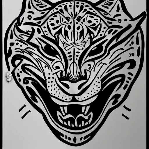 Image similar to jaguar head tattoodesign, frontview, black and white, white background. very detailed ink drawing, fine lineart, extremely detailed