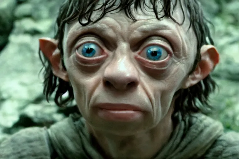 Prompt: asa butterfield plays gollum in the lord of the rings return of the king, highly detailed, cinematic lighting, 4 k, arricam studio 3 5 mm film camera, kodak 5 2 7 9 ( tungsten - balanced ) film stock