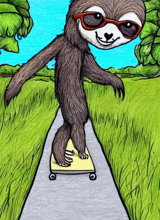 Prompt: hipster drawing of a sloth riding a skateboard on pathway going to the beach