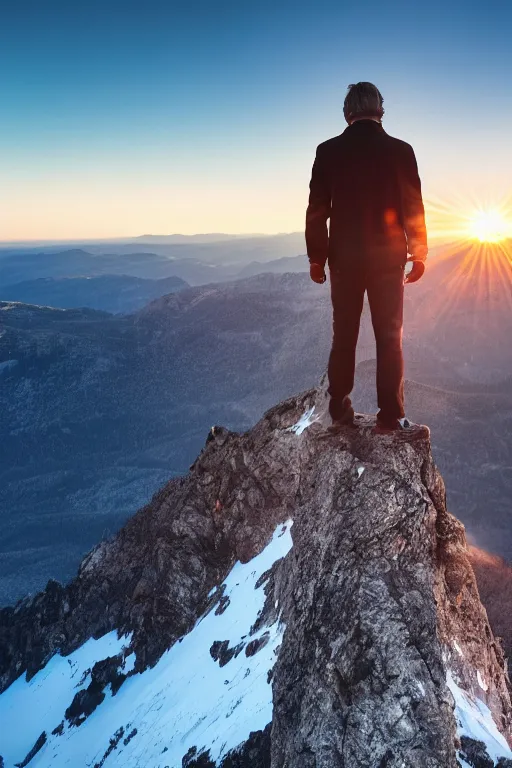 Image similar to a movie still of a man standing on the top of a mountain at sunset, golden hour