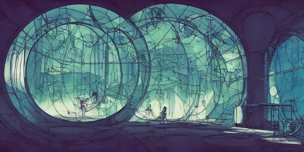 Image similar to illustrated 90s science lab interior with organic circular windows, natural starlight, bright colors, romantic greenery, flowers, cinematic, cyberpunk, smooth, chrome, lofi, nebula, calming, dramatic, fantasy, by Moebius, by zdzisław beksiński, fantasy LUT, studio ghibli, high contrast, epic composition, sci-fi, dreamlike, surreal, angelic, 8k, unreal engine, hyper realistic, fantasy concept art,
