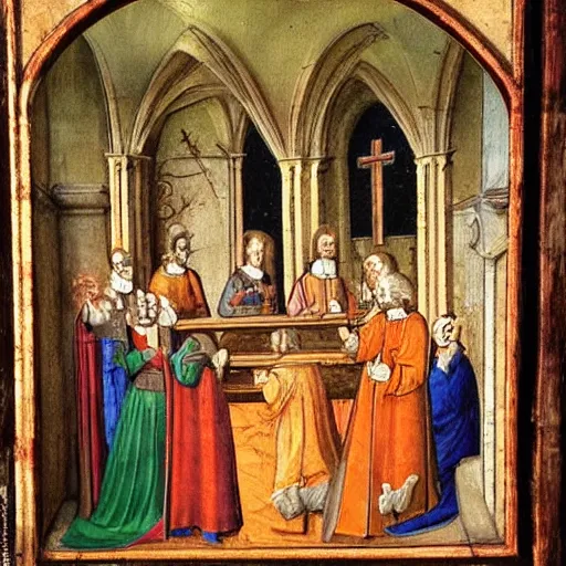 Prompt: 1 5 th century painting of people taking vitamin capsules in the church