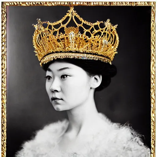 Image similar to a wide full shot, russian and japanese mix 1 9 0 0 s historical fantasy of a photograph portrait taken of a royal gold leaf tiara with intertwined white feathers, photographic portrait, warm lighting, from an official photographer from the royal museum. displayed in a museum.