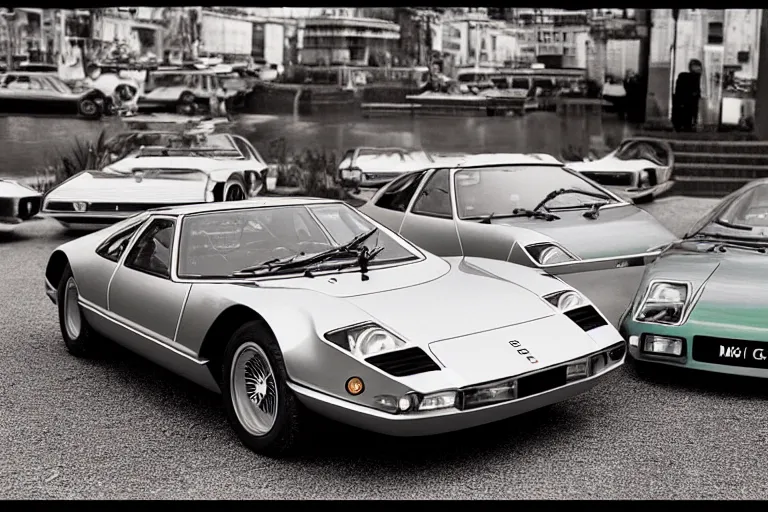 Image similar to designed by Giorgetto Giugiaro stylized poser of a single 1973 Miura Citroen DS, BMW M1, Mclaren F1, Delorean, neon lights, ektachrome photograph