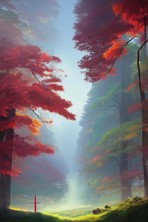 Image similar to traditional Japanese Torii in a colorful moutain with trees ,morning , by Grzegorz Rutkowski, concept art