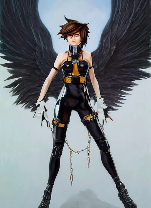 Image similar to full body artwork of tracer overwatch, wearing black latex outfit, in style of zdzisław beksinski, angel wings, dramatic painting, wearing detailed leather collar, black shiny armor, chains, black harness, detailed face and eyes,