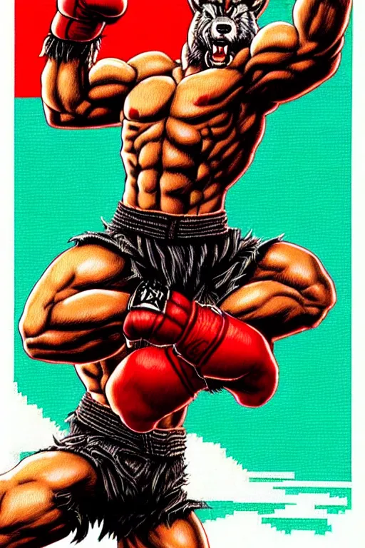 Image similar to extreme long shot. 8 bit nes graphics. antropomorphic muscular masculine wolf. kickboxer fighter, in shorts. wolf head. fine details, very sharp, art from nes game cartridge, ( vhs colors, vaporwave style ), marc simonetti and hermann nitsch