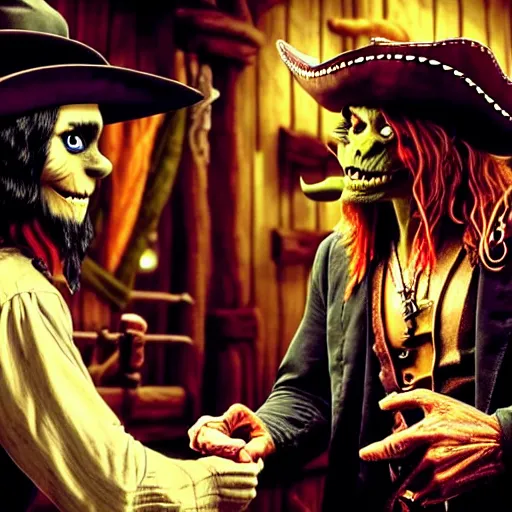 Image similar to a goblin with a large nose and a pirate with a bandana negotiating a contract with Jared Leto in a Western saloon.