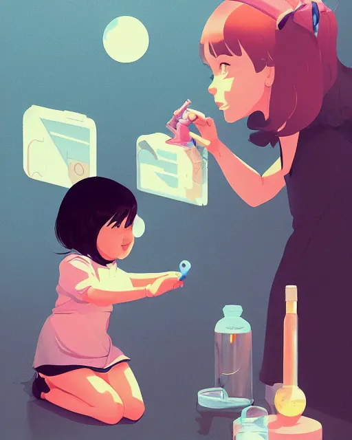 Prompt: a little girl is doing a science experiment. clean cel shaded vector art. minimalist illustration art by lois van baarle, artgerm, helen huang, by makoto shinkai and ilya kuvshinov, rossdraws