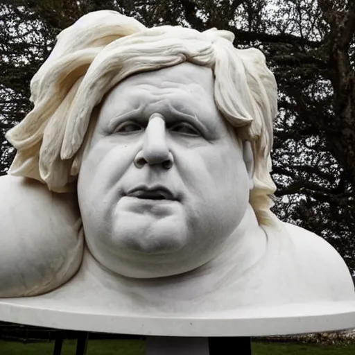 Prompt: a marble sculpture of a giant corpulent boris johnson standing astride the british isles on fire