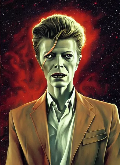 Prompt: david bowie floating through the cosmo outer space, twin peaks poster art, old retro pulp, by michael whelan, rossetti bouguereau, artgerm, nostalgic, old fashioned