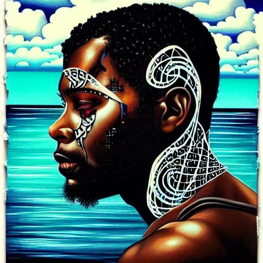 Image similar to side profile of a black man :: in ocean intricate details :: dark and horror :: by vikings and Sandra Chevrier