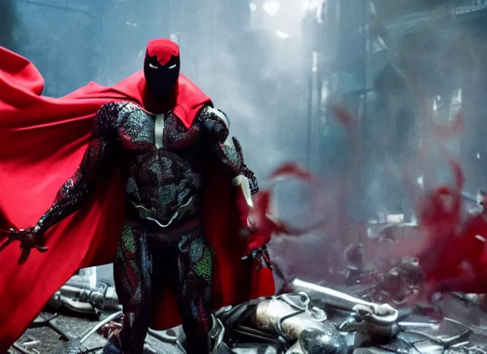 Image similar to film still of michael b jordan as spawn in the new spawn movie, giant chains, large cape, 8 k