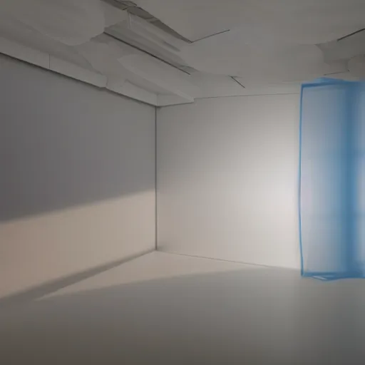 Image similar to an ultra high definition professional studio quality photograph of a transparent iridescent perspex pastel coloured inflatable abstract parachute coat in an empty white room. dramatic lighting, ray tracing, refraction, shallow d. o. f, colour corrected, golden ratio, three point light. volumetric shadows. god rays.