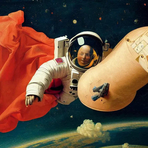 Image similar to an astronaut floating in space, in the style of a renaissance painting