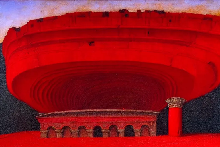 Image similar to only with red, a red melted emperor in an authoritarian position, taormina amphitheatre, crowd hails him, in the style of beksinski, parts by edward hopper, parts by rodcenko, parts by yue minjun, intricate and epic composition, red by caravaggio, insanely quality, highly detailed, masterpiece, red light, artstation, 4 k