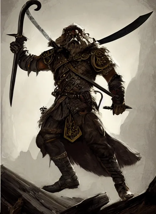 Image similar to strong young man, photorealistic bugbear ranger holding aflaming sword, black beard, dungeons and dragons, pathfinder, roleplaying game art, hunters gear, jeweled ornate leather and steel armour, concept art, character design on white background, by alan lee, norman rockwell, makoto shinkai, kim jung giu, poster art, game art