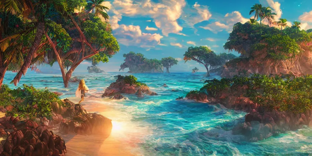 Prompt: the aesthetic view of the beautiful, grand, wistful, dreamy landscape of a beach island at sunrise, hyperrealistic digital painting, rainbow colorful, extremely detailed, insanely intricate linework, super sharp focus, extremely bright colors, octopath traveler, studio ghibli, unreal engine 5 highly rendered, global illumination, radiant light, detailed and intricate environment