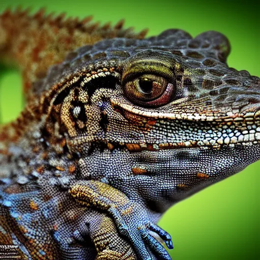 Image similar to portrait painting of a lizard human, garden, photorealistic, extreme detail, sharp focus, 8 k, intricate, hyper detailed, realistic, cinematic lighting