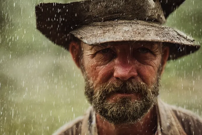 Prompt: a cinematic headshot portrait of a farmer, stood outside a wooden cabin, by krenz cushart, raining, movie still, shallow depth of field, dramatic lighting,