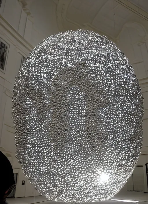 Image similar to a figurative sculpture made of five thousand tightly packed reflective spheres of various sizes