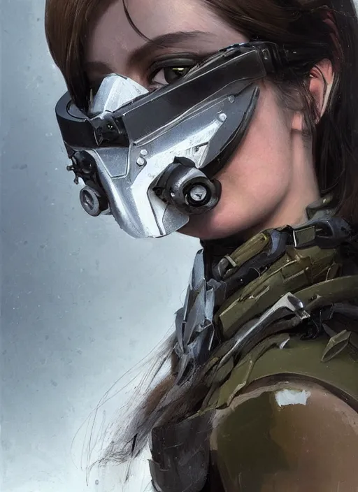 Image similar to a professional painting of a beautiful young female, clothed in stealth armor, nightvision goggles, olive skin, long dark hair, beautiful bone structure, symmetrical facial features, intricate, elegant, digital painting, concept art, smooth, sharp focus, illustration, from Metal Gear, by Ruan Jia and Mandy Jurgens and Artgerm and William-Adolphe Bouguerea