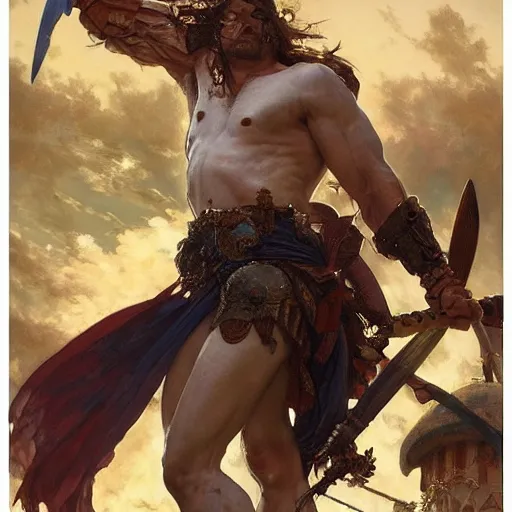 Image similar to muscular male barbarian stabbing the sky, intricate details, large sword, by Stanley Artgerm Lau, by greg rutkowski, by thomas kindkade, by alphonse mucha, loish, by norman rockwell J.