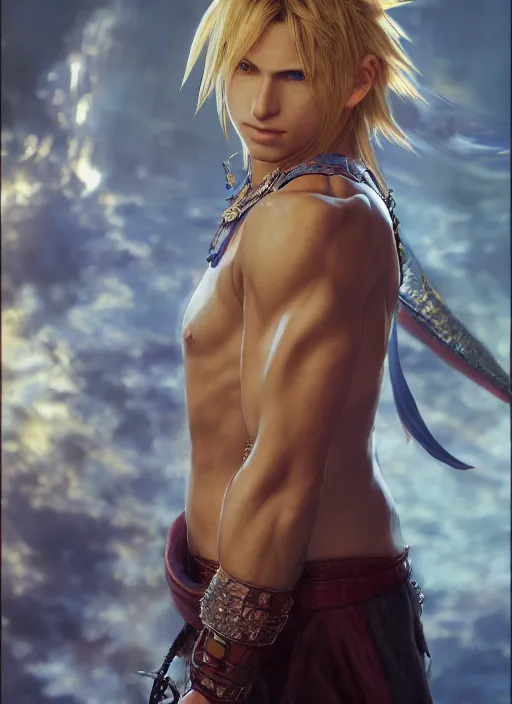 Image similar to a Photorealistic dramatic hyperrealistic render of a beautiful Final Fantasy 10 character Tidus by WLOP,Artgerm,Greg Rutkowski,Alphonse Mucha, Beautiful dynamic dramatic dark moody lighting,shadows,cinematic atmosphere,Artstation,concept design art,Octane render,8K