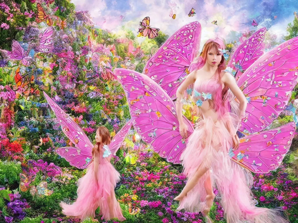 Prompt: a pink fairy with large butterfly wings standing in a colorful garden, 8 k, luxury, epic scene, highly detailed