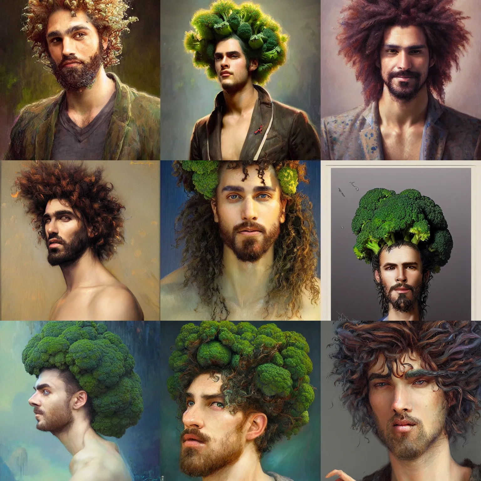 Prompt: portrait of a cool guy with broccoli hair by gaston bussiere and andrei riabovitchev and wlop and artgerm, intricate symmetrical artwork, excellent lighting, high detail 8 k