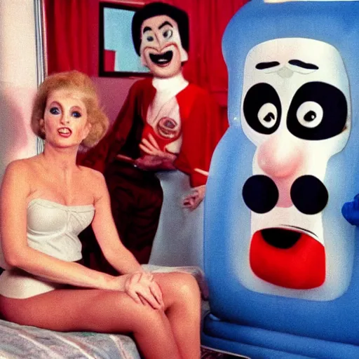 Image similar to bored housewife wearing an inflatable cartoon face meets a handsome man in a seedy motel room, 1982 color Fellini film, archival footage, technicolor film, 16mm, wacky children's tv with anthropomorphic head