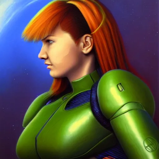 Prompt: a portrait of Samus Aran in the cockpit of her ship done in a realistic style, profile picture, by Jim Burns
