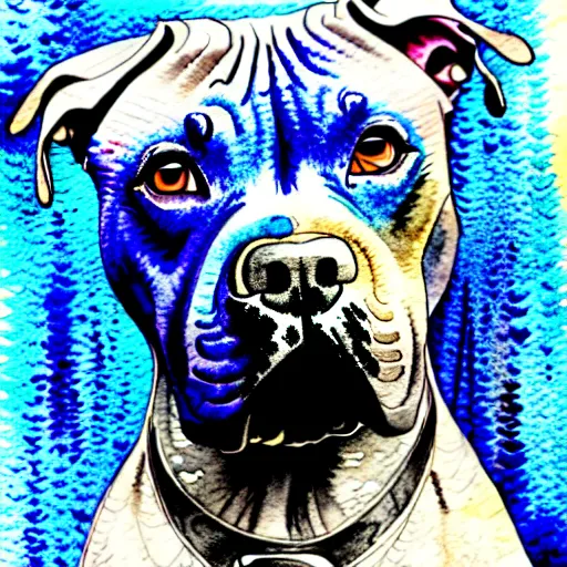 Prompt: an intricate watercolor of a beautiful velvet grey pit bull inside of a blue car, hyper detailed, intricate, sepia background, surrealism, grumpy