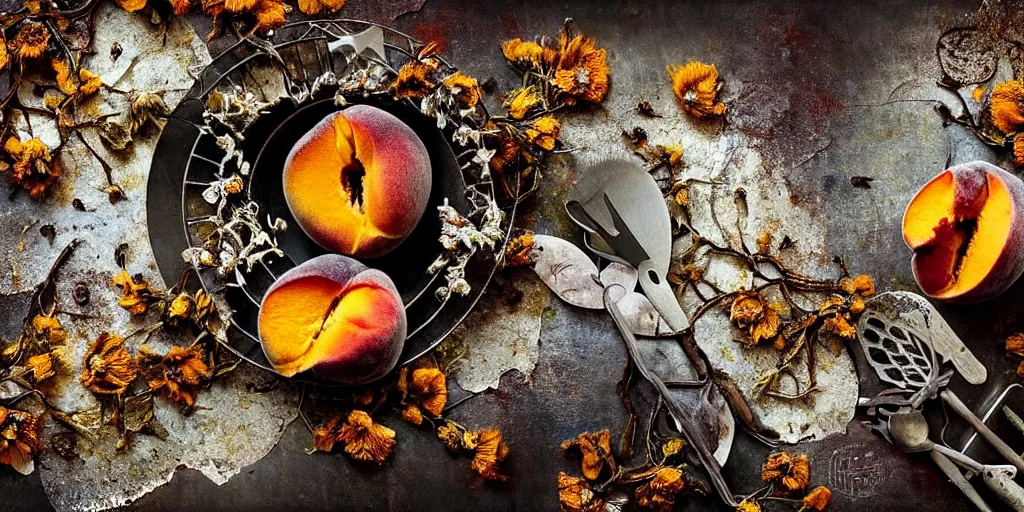 Image similar to decaying rotting peaches, moldy, on an antique distressed table top, dried flowers, metal kitchen utensils, old kitchen backdrop, dark kitchen, style by peter lippmann, intricate detail,