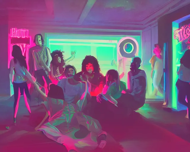 Prompt: a painting of a popular teenager hanging out with her friends at a super cool house party packed with other friends, synthwave, retrowave, synth, volumetric lighting, unreal engine, atmospheric, hip, cool, college party, arcade
