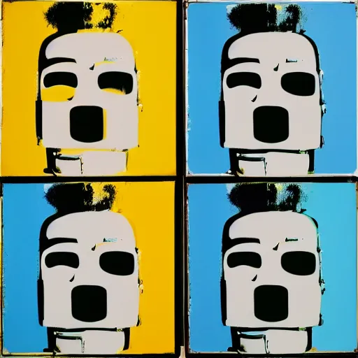 Image similar to old robot, 6 panels by andy warhol, with highly contrasted colors and an illuminating background