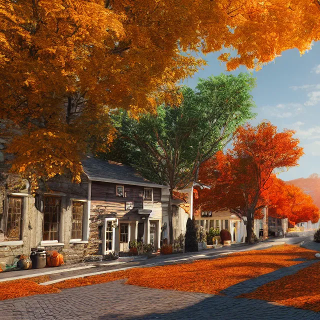 Image similar to pretty colonial city street with shops and pumpkins, maple trees with fall foliage, new hampshire mountain, stone walls, volumetric, realistic, cinematic lighting, ray tracing, unreal engine 5, octane render, hyper realistic, photo, 8 k