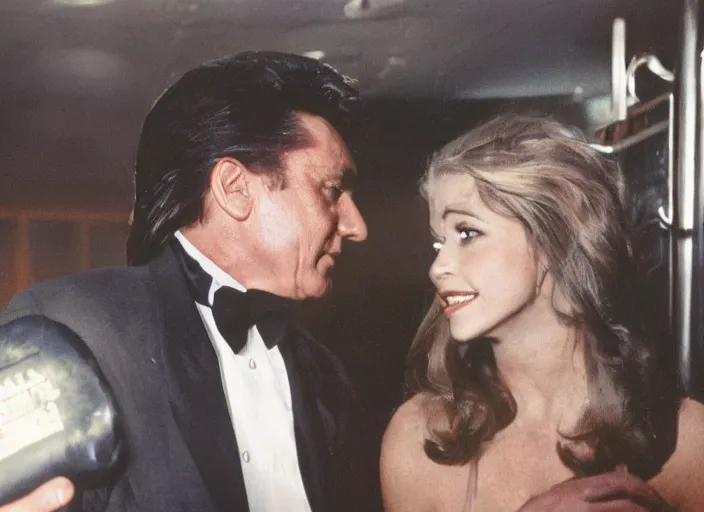 Image similar to a close - up, color cinema film still of a johnny cash talking to a beautiful hooters waitress drinking whiskey at hooters, ambient lighting at night.