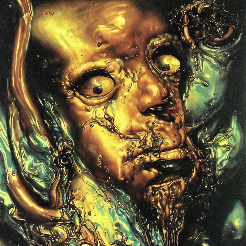 Prompt: a baroque portrait painting of an alien wizard face dripping in liquid mercury. iridescent colors, black background. highly detailed science fiction painting by norman rockwell, moebius, frank frazetta, and syd mead. rich colors, high contrast. artstation