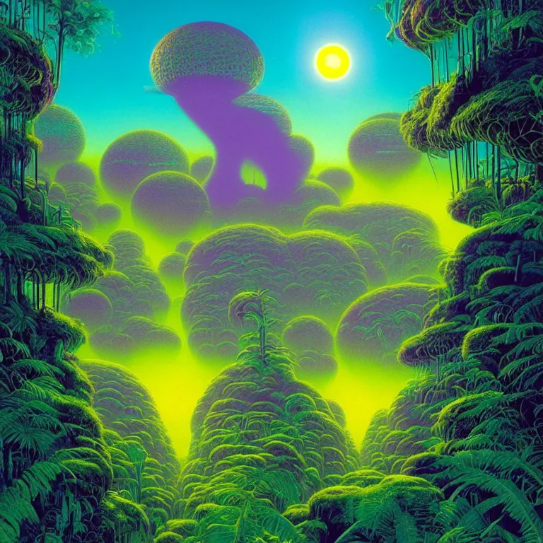 Image similar to mysterious ancient dieties hovering over magical quantum jungle, infinite psychic waves, synthwave, bright neon colors, highly detailed, cinematic, wide angle, tim white, michael whelan, roger dean, bob eggleton, lisa frank, vladimir kush, kubrick, kimura, isono