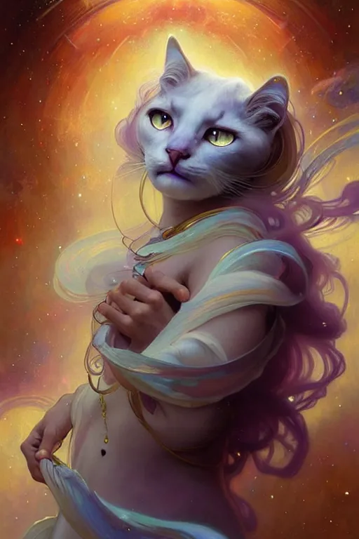 Image similar to Full view realistic ethereal stunning Celestial Cat of cosmic nebula with Pixar fur, 4k digital painting masterpiece by Mandy Jurgens and Ruan Jia, ornate Iconography background in the style of Alphonse Mucha, tarot card, amazing, magnificent, mystical, Hyperdetailed, award winning art, Ross Tran, wlop, Artgerm, Craig Mullins, detailed and realistic, soft lighting, intricate details, realistic, full view, Artstation, CGsociety
