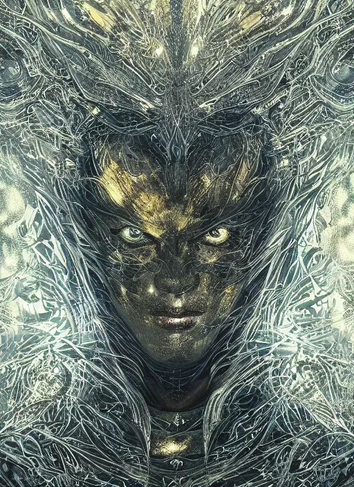 Image similar to glowing silver and golden elements, full close-up portrait, vector crow, book cover, green forest, white moon, establishing shot, extremly high detail, photo-realistic, cinematic lighting, pen and ink, intricate line drawings, by Yoshitaka Amano, Ruan Jia, Kentaro Miura, Artgerm, post processed, concept art, artstation, matte painting, style by eddie mendoza, raphael lacoste, alex ross