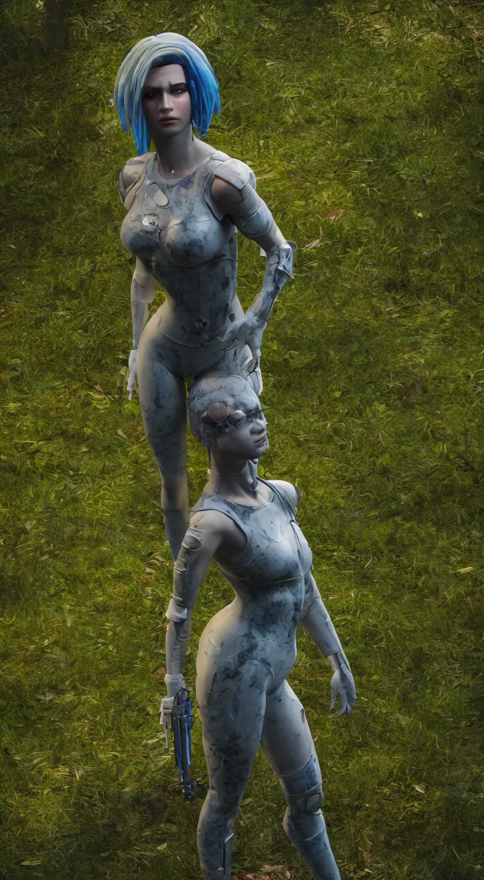 Image similar to marble statue of judy from cyberpunk 2 0 7 7, moss, foggy forest, rain, raindrops, 4 k, photorealistic