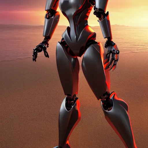 Prompt: realistic detailed stunning anthropomorphic female robot dragon doing an elegant pose with hands on hips, sleek streamlined armor and design, on the beach during sunset, high quality, artstation, deviantart, furaffinity